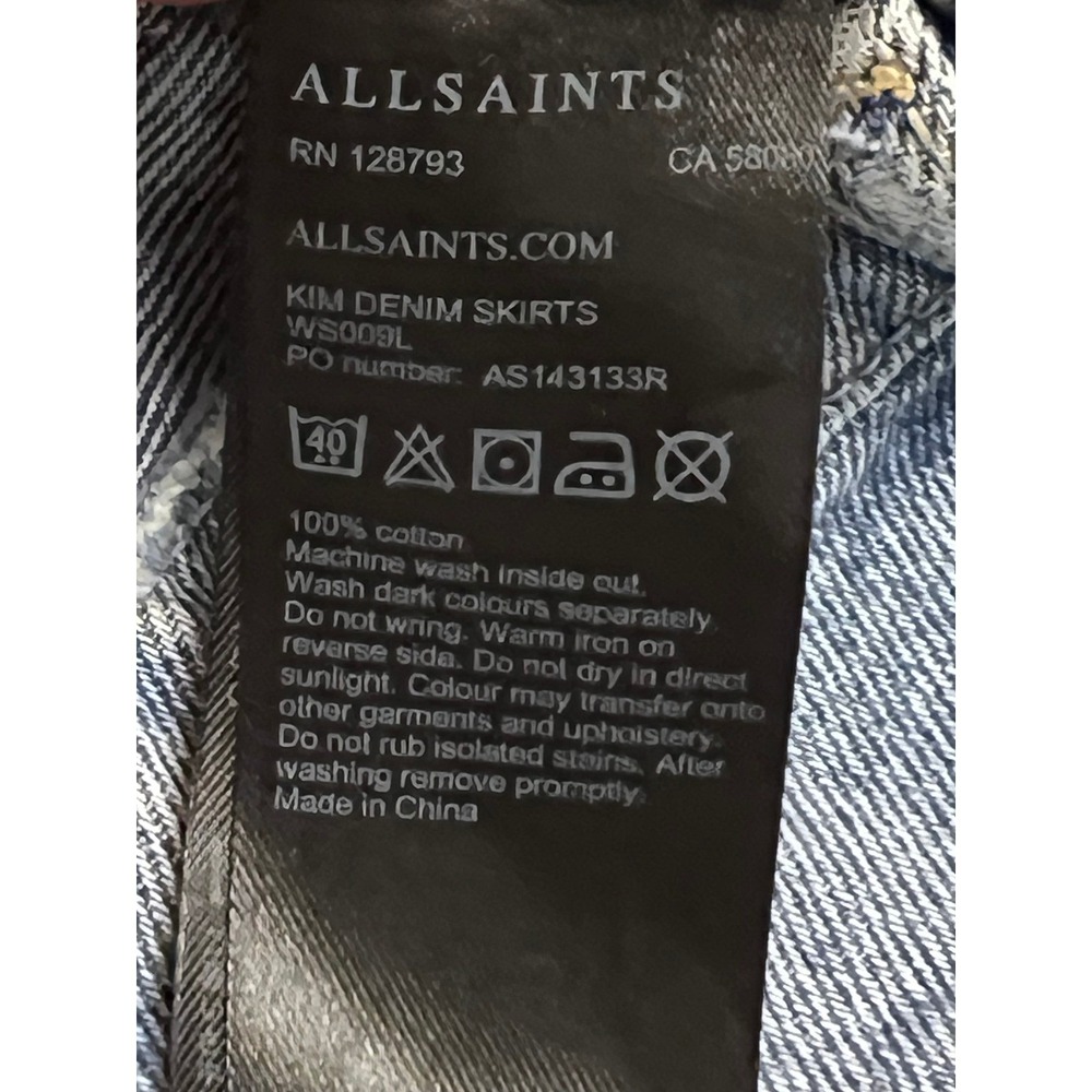 AllSaints Kim Denim Skirt Womens Size 2 Blue Distressed Raw Hem Mini Grunge - Picture 6 of 6